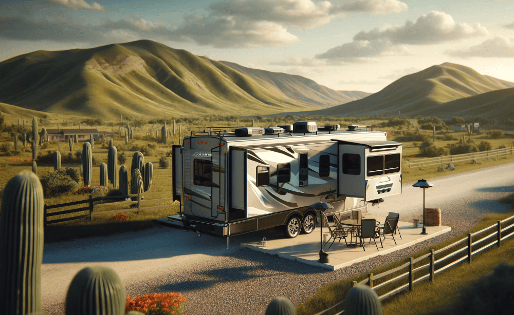 RV living in Texas - an RV with a deck surrounded by mountains and cactuses. 